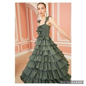 Ulla Johnson Olive Green Tiered Ruffle Midi Dress